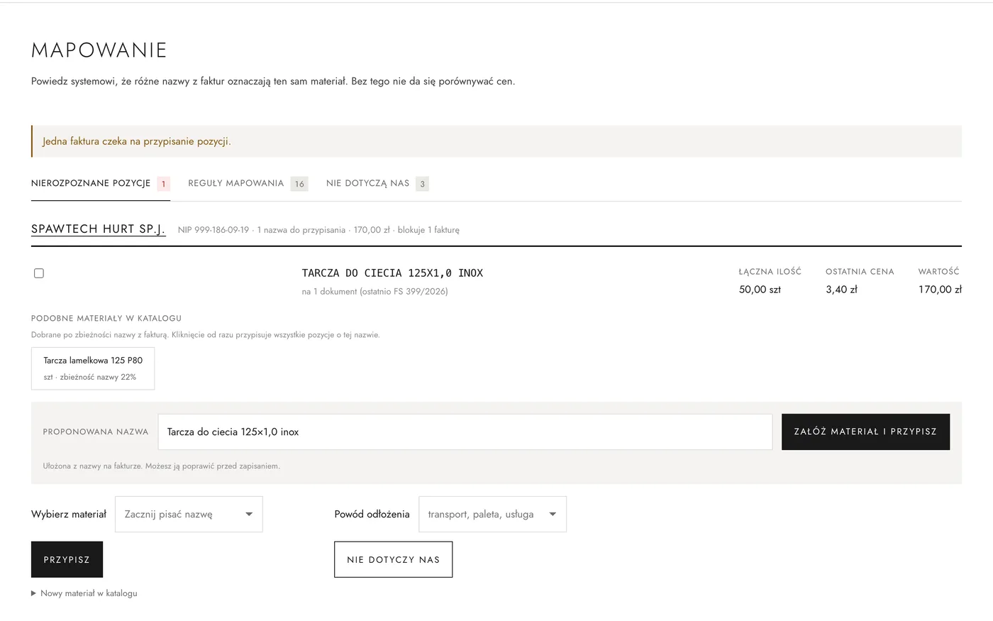 Ekran mapowania: nazwa z faktury TARCZA DO CIECIA 125X1,0 INOX z podpowiedzią podobnego materiału z katalogu i proponowaną nazwą.